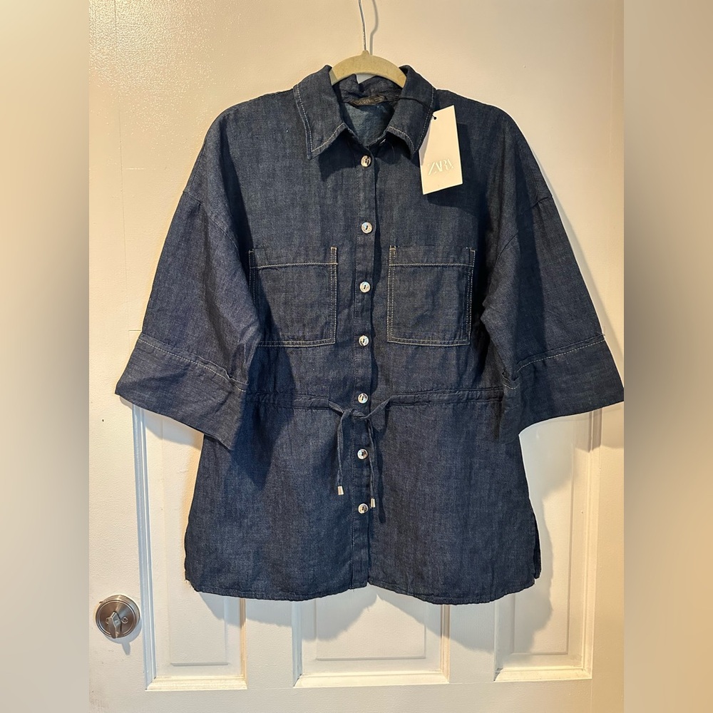 NWT Zara Dark Blue Denim Shirt Size XS
